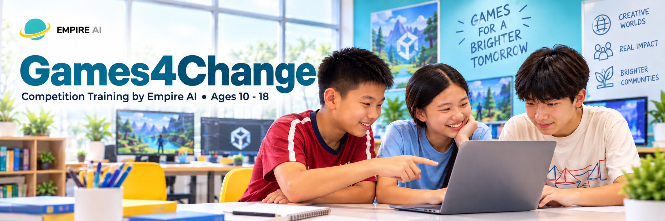 Games for Change Student Challenge coaching at Empire AI for ages 10 to 18 in Singapore: children designing a game about belonging and bouncing back